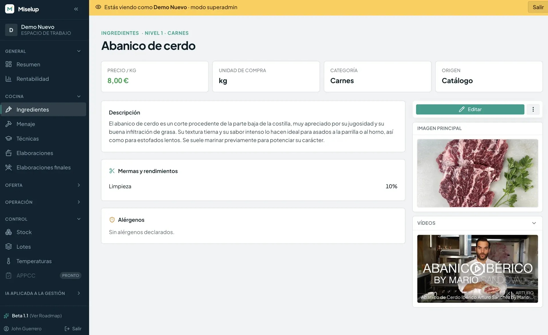 Ficha de ingrediente — captura real de Miselup