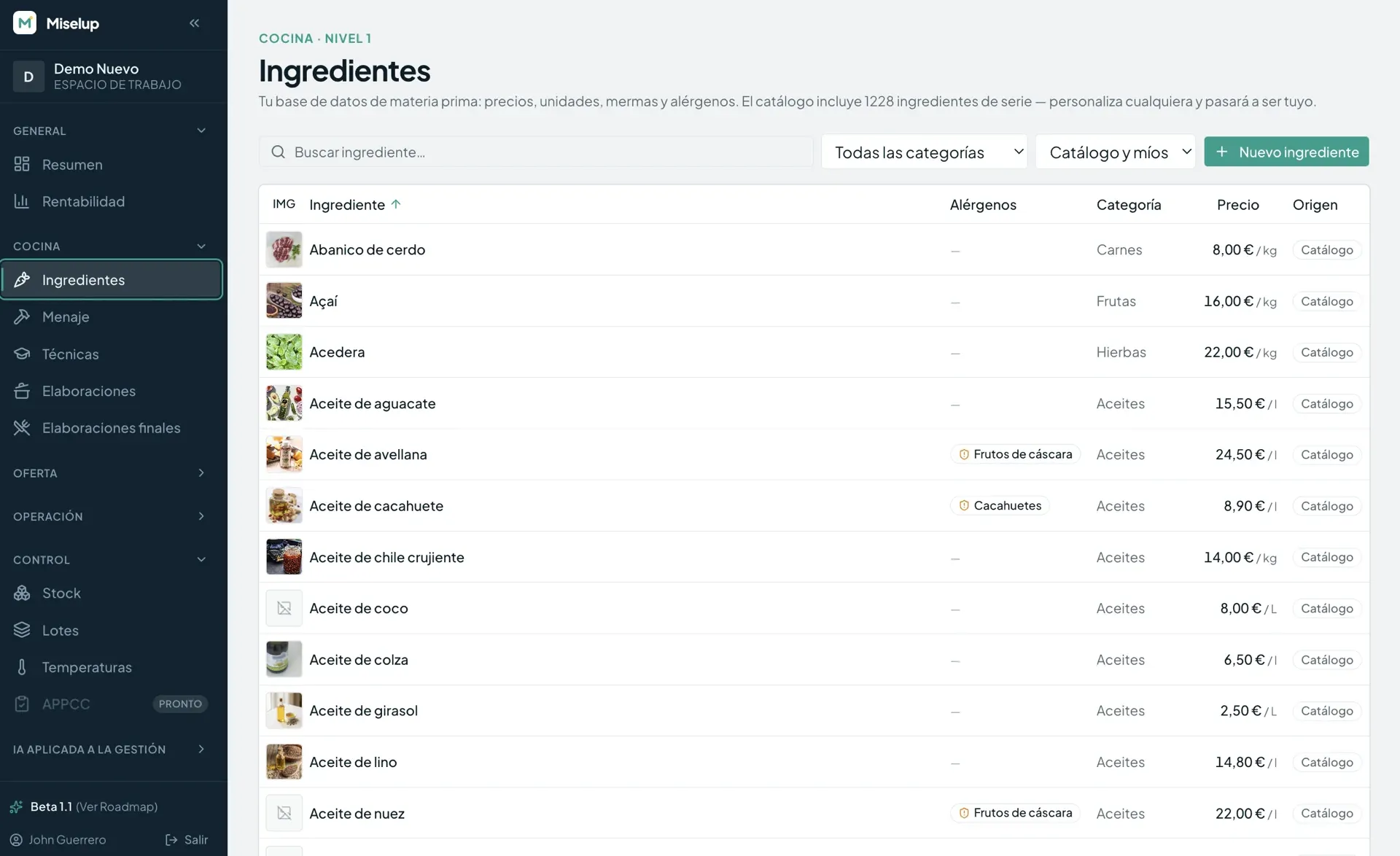 Catálogo de ingredientes — captura real de Miselup