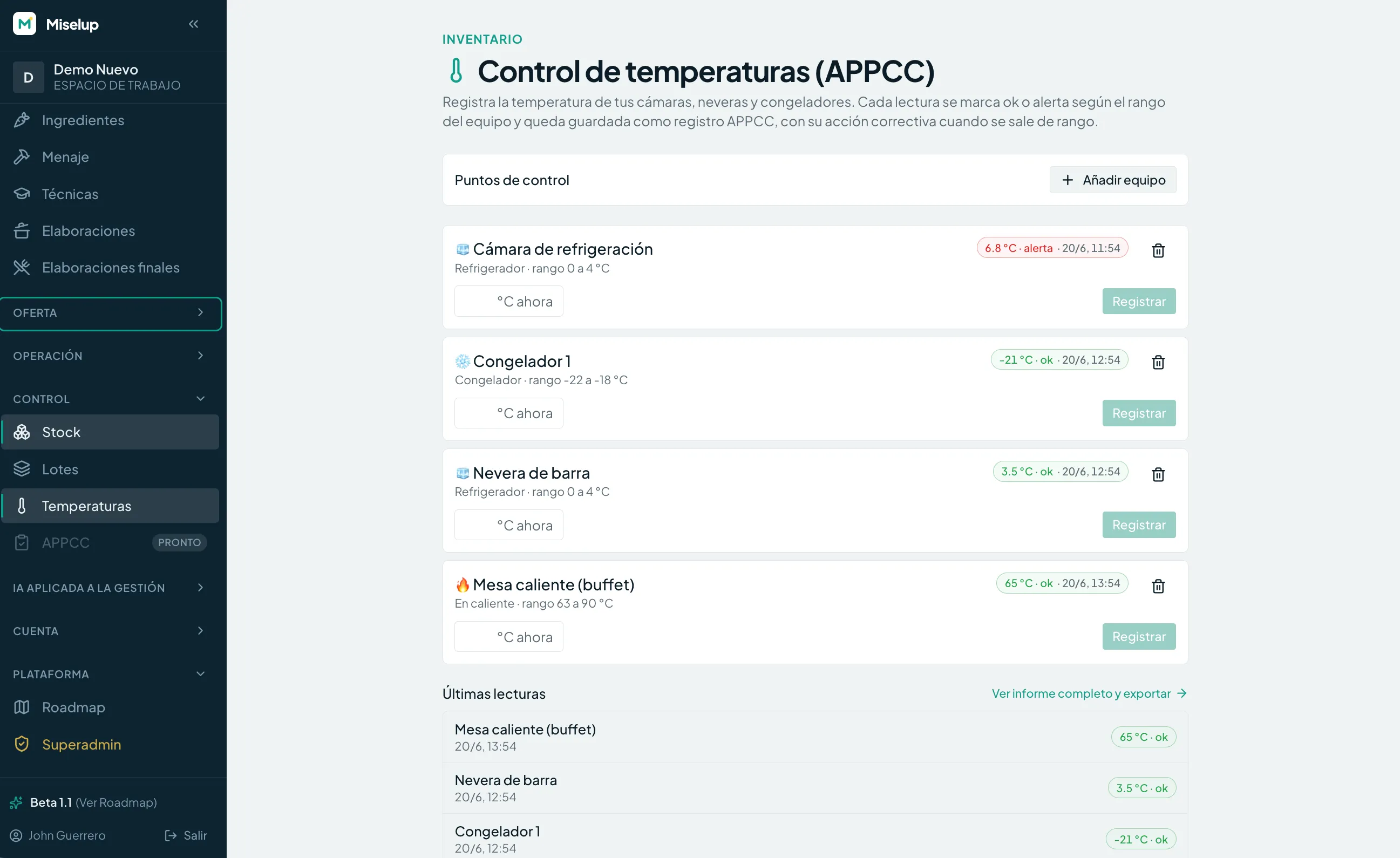 Control de temperaturas — captura real de Miselup
