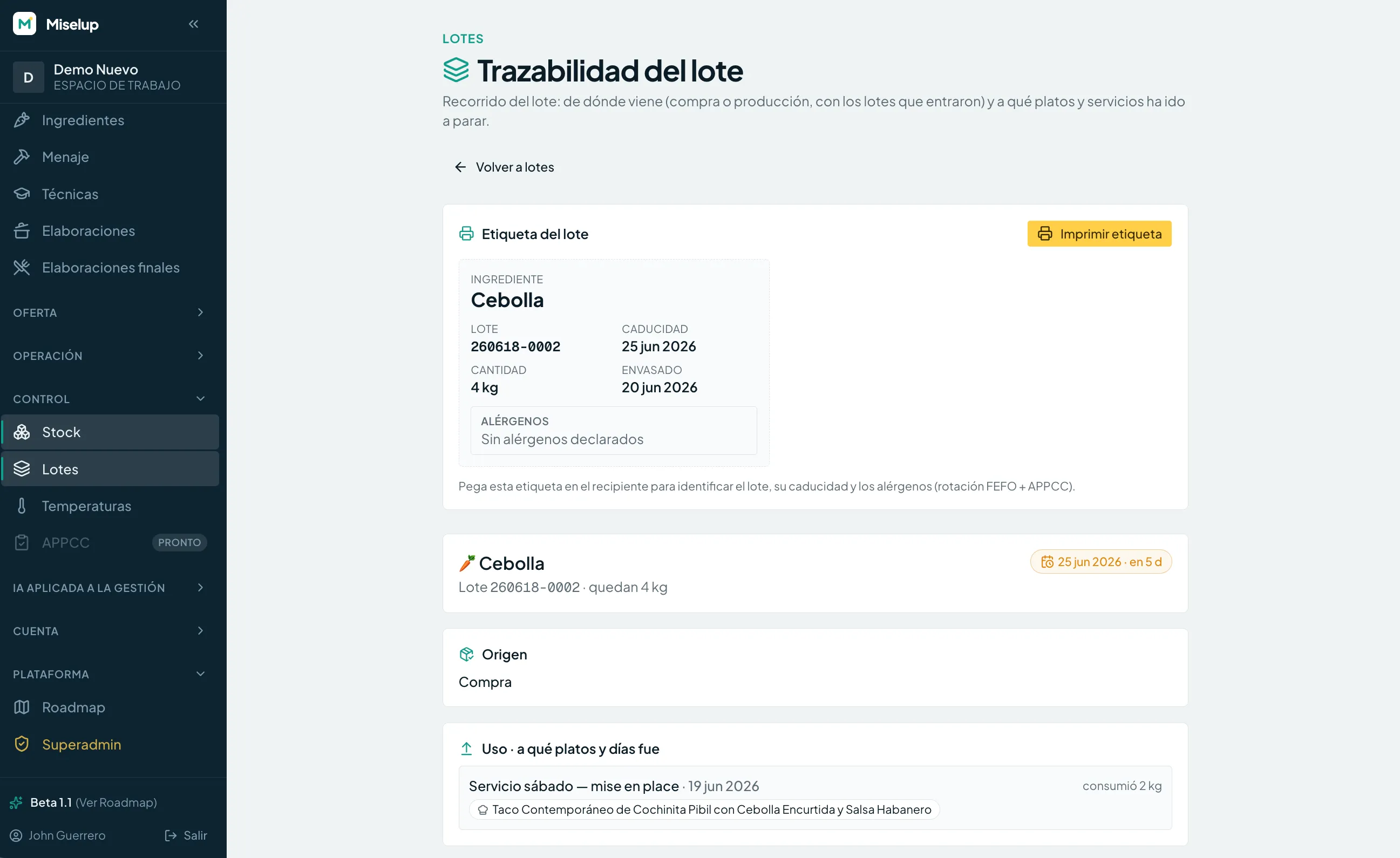Trazabilidad del lote — captura real de Miselup