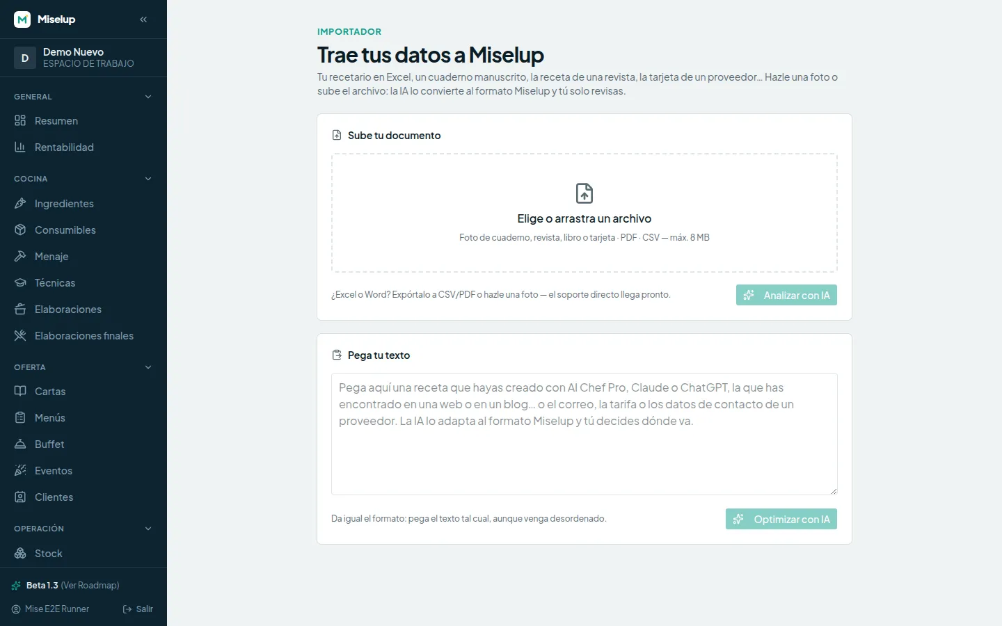 Pantalla del Importador de Miselup con las dos vías: subir un documento o pegar el texto