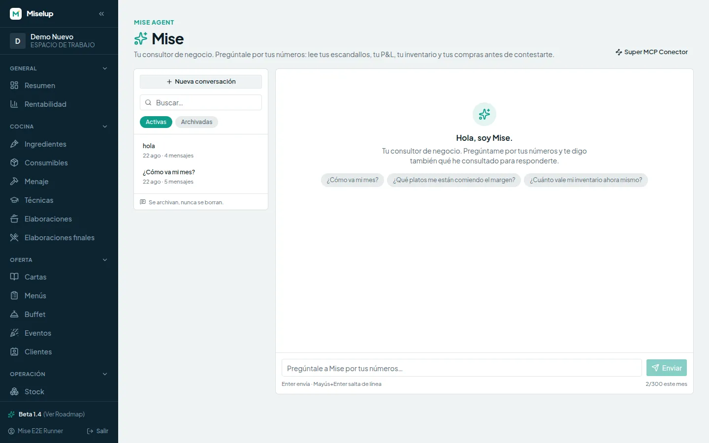 Pantalla de Mise Agent dentro de Miselup: saludo «Hola, soy Mise», preguntas sugeridas y lista de conversaciones