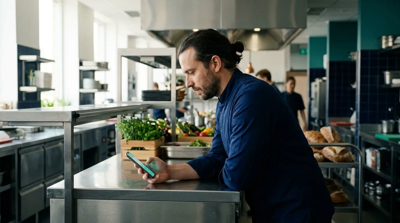 Chef consultando su asistente de IA en el móvil desde el pase de una cocina profesional