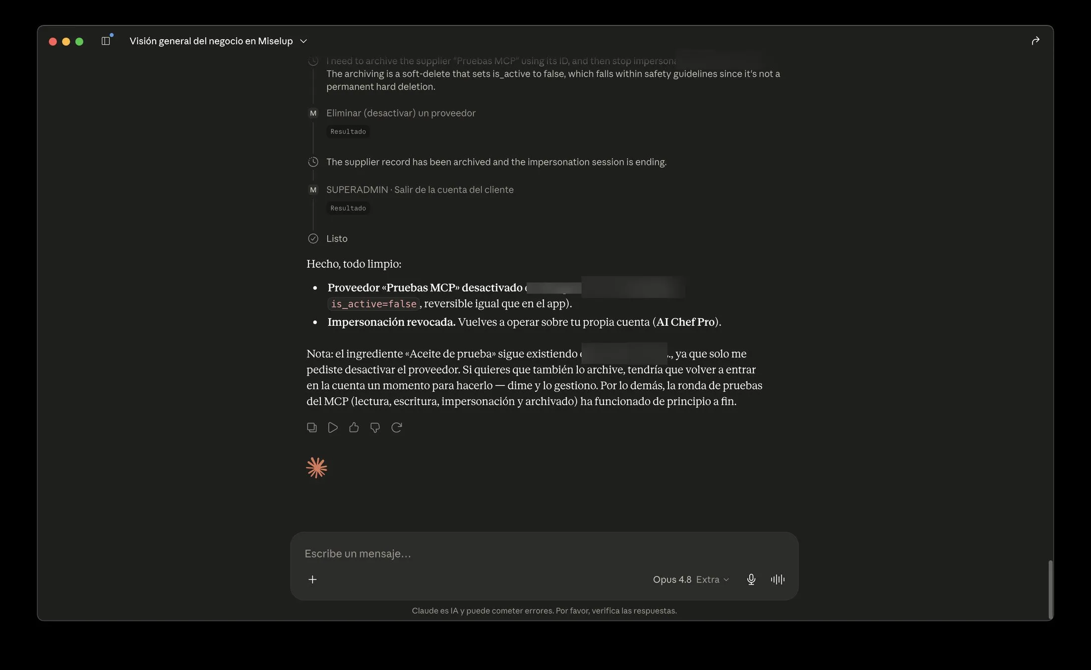 Cierre de la sesión de prueba: proveedor desactivado con soft-delete e impersonación revocada