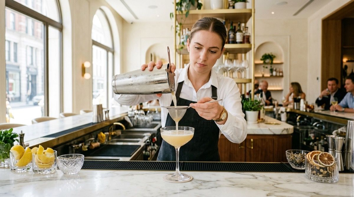 Bartender straining an amber cocktail at a dark bar