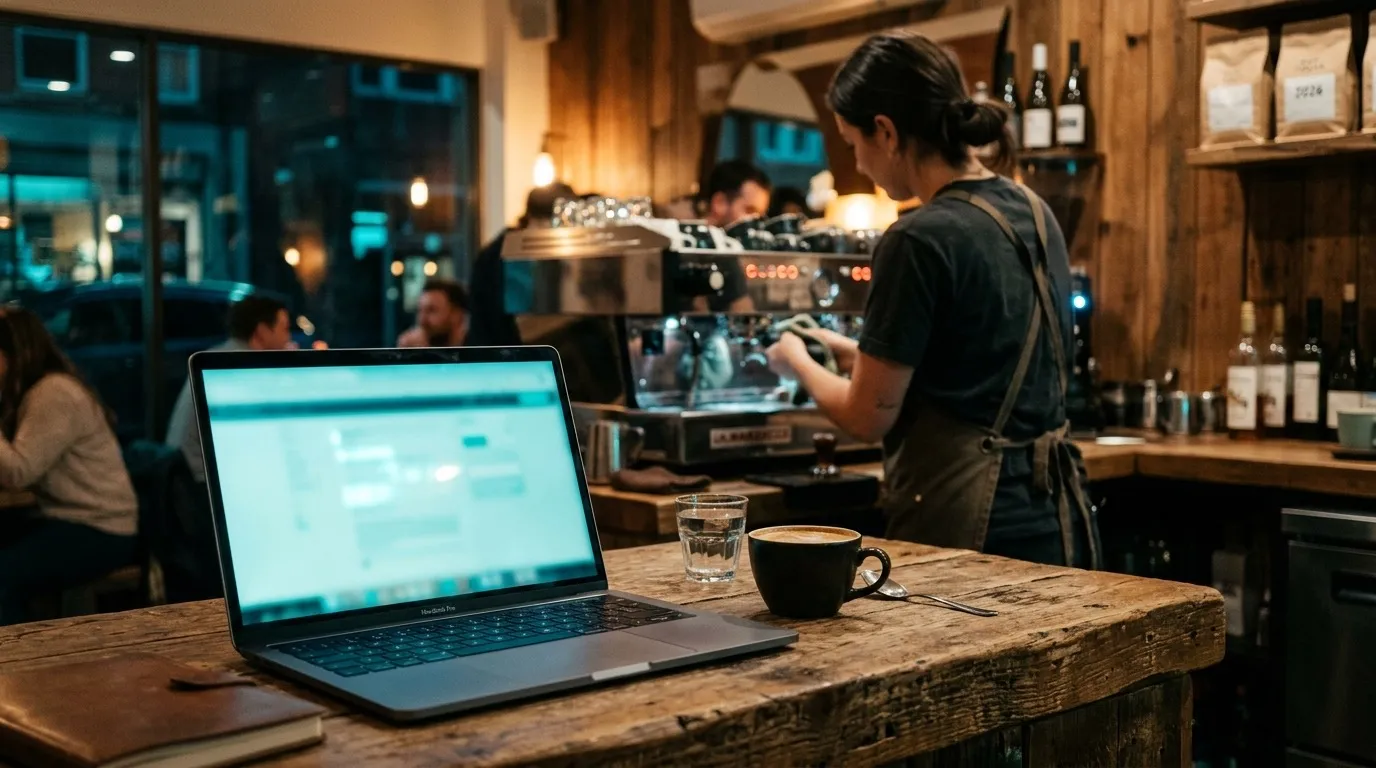 Portátil con el conector MCP abierto en la barra de una cafetería de especialidad