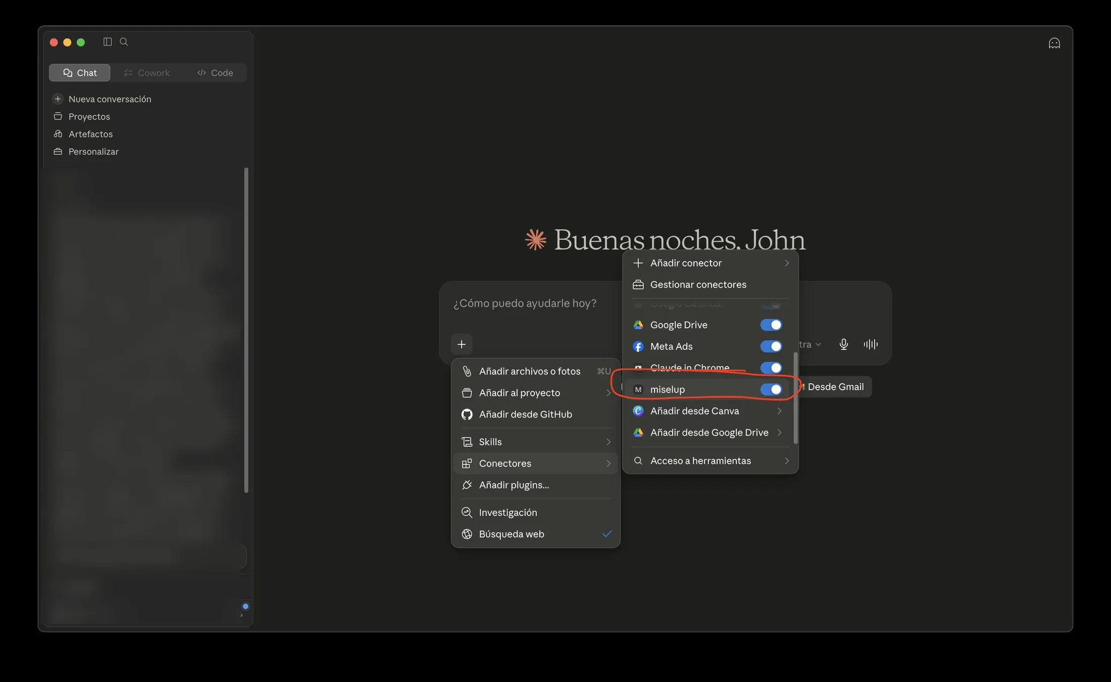 Menú de conectores de Claude Desktop con el conector de Miselup activado