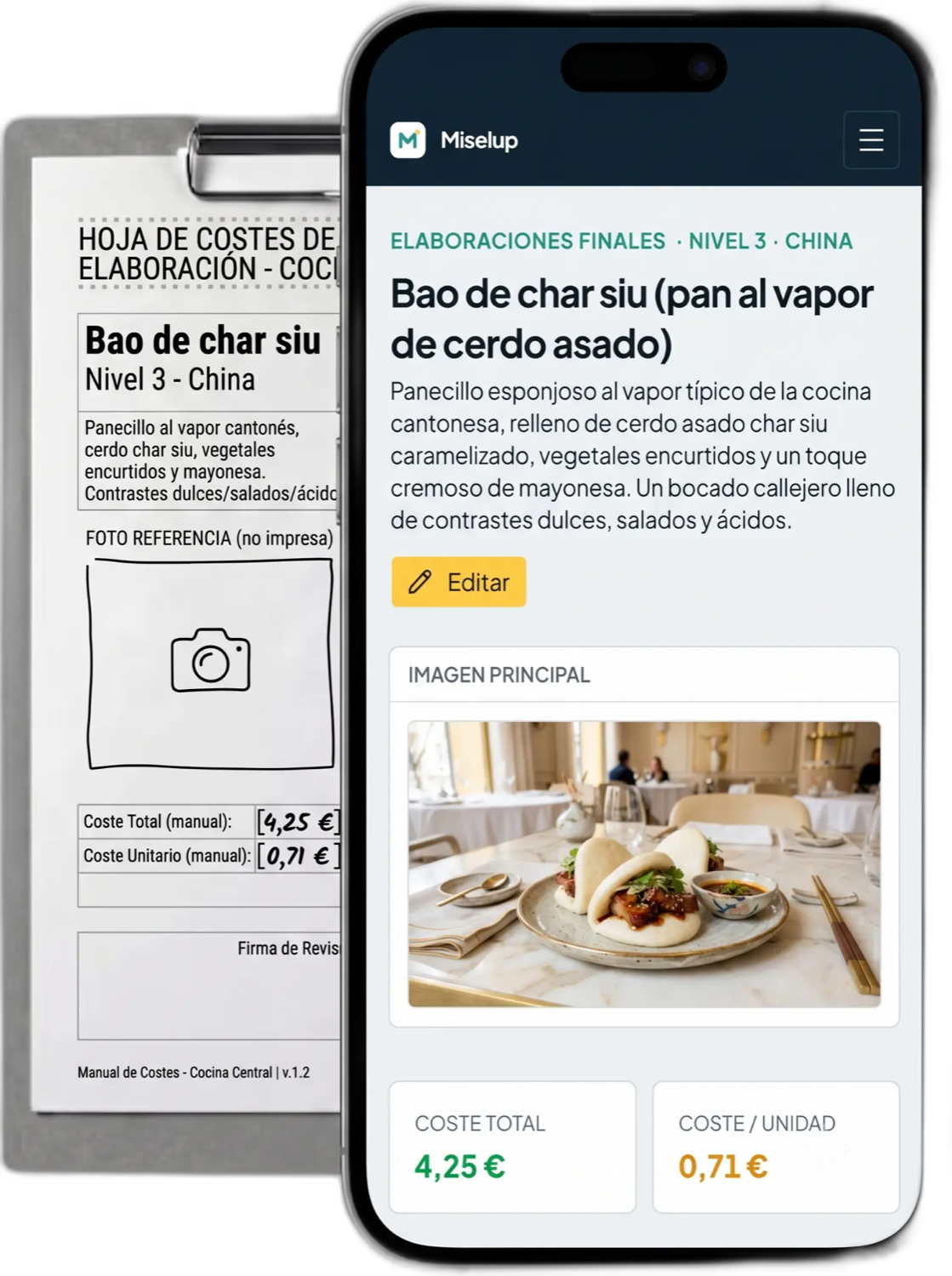 La app de Miselup mostrando la ficha técnica y el escandallo de un plato, junto a una hoja de costes en papel