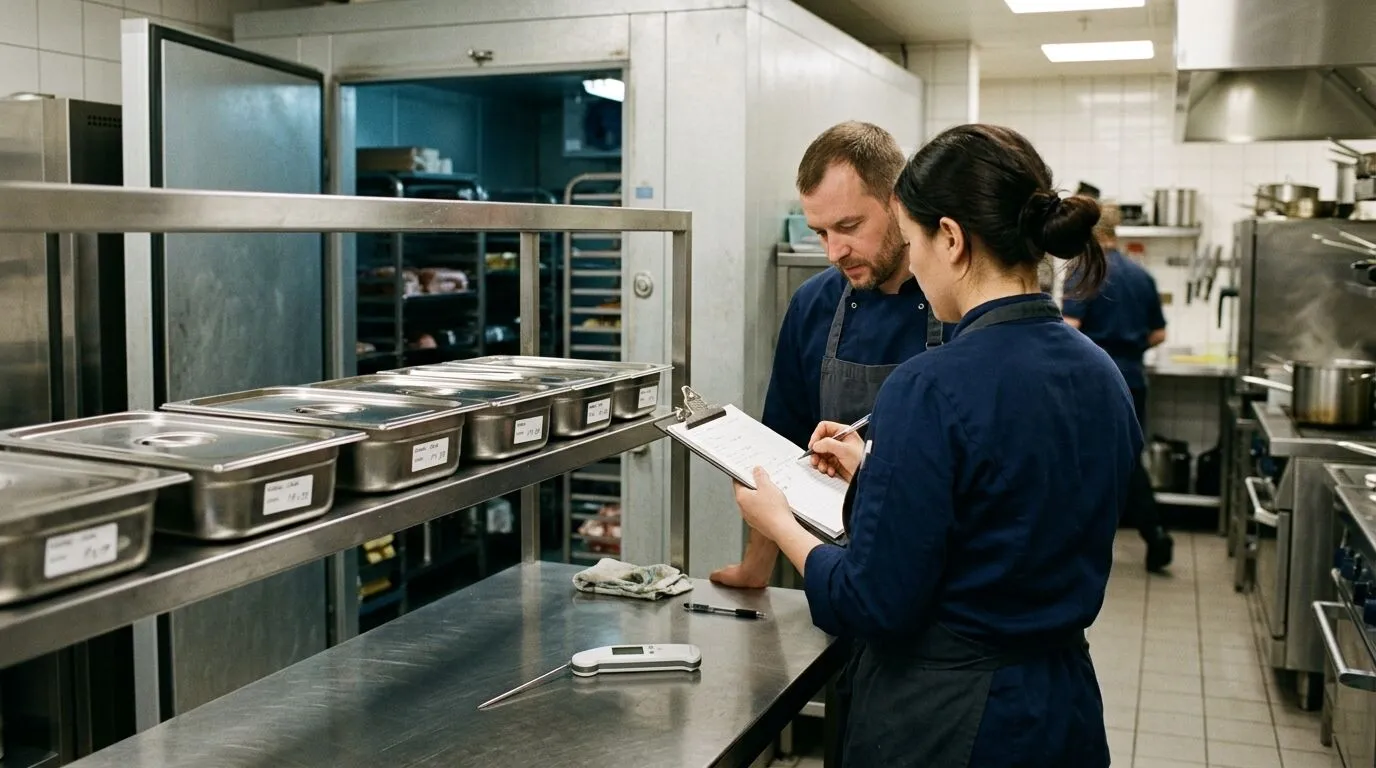 Two professionals reviewing a clipboard beside covered labelled trays and an open cold room