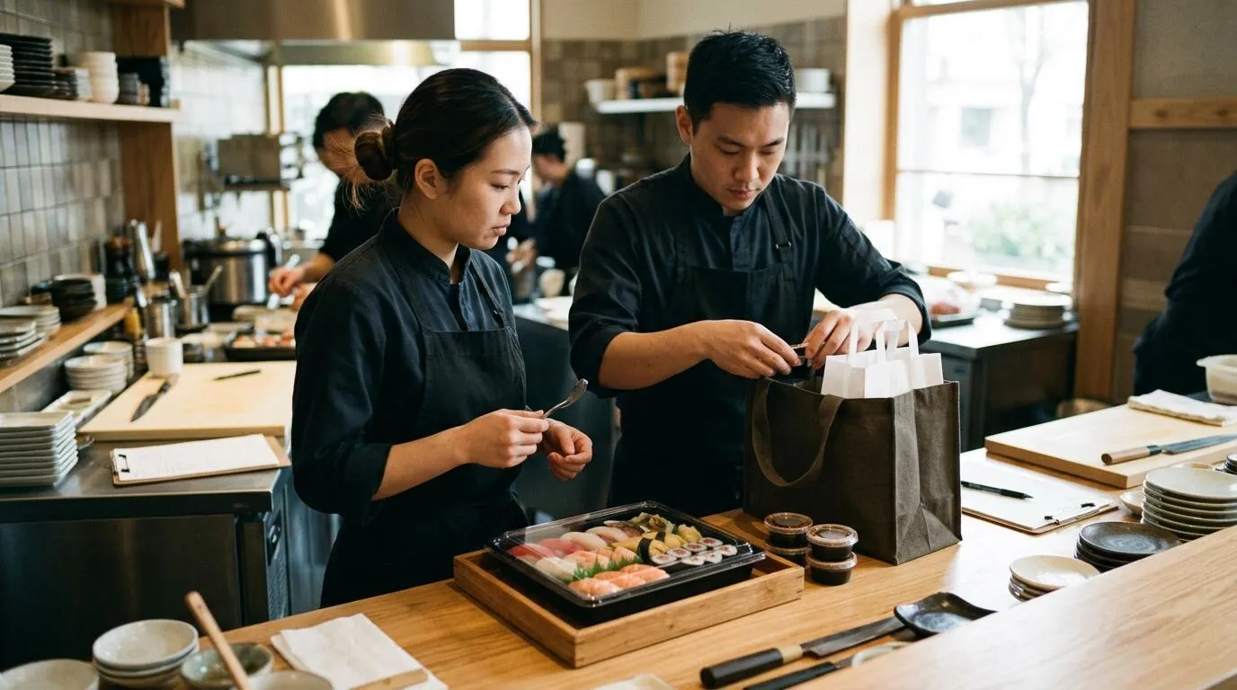 Two staff coordinating packaged sushi with separate closed sauces for delivery