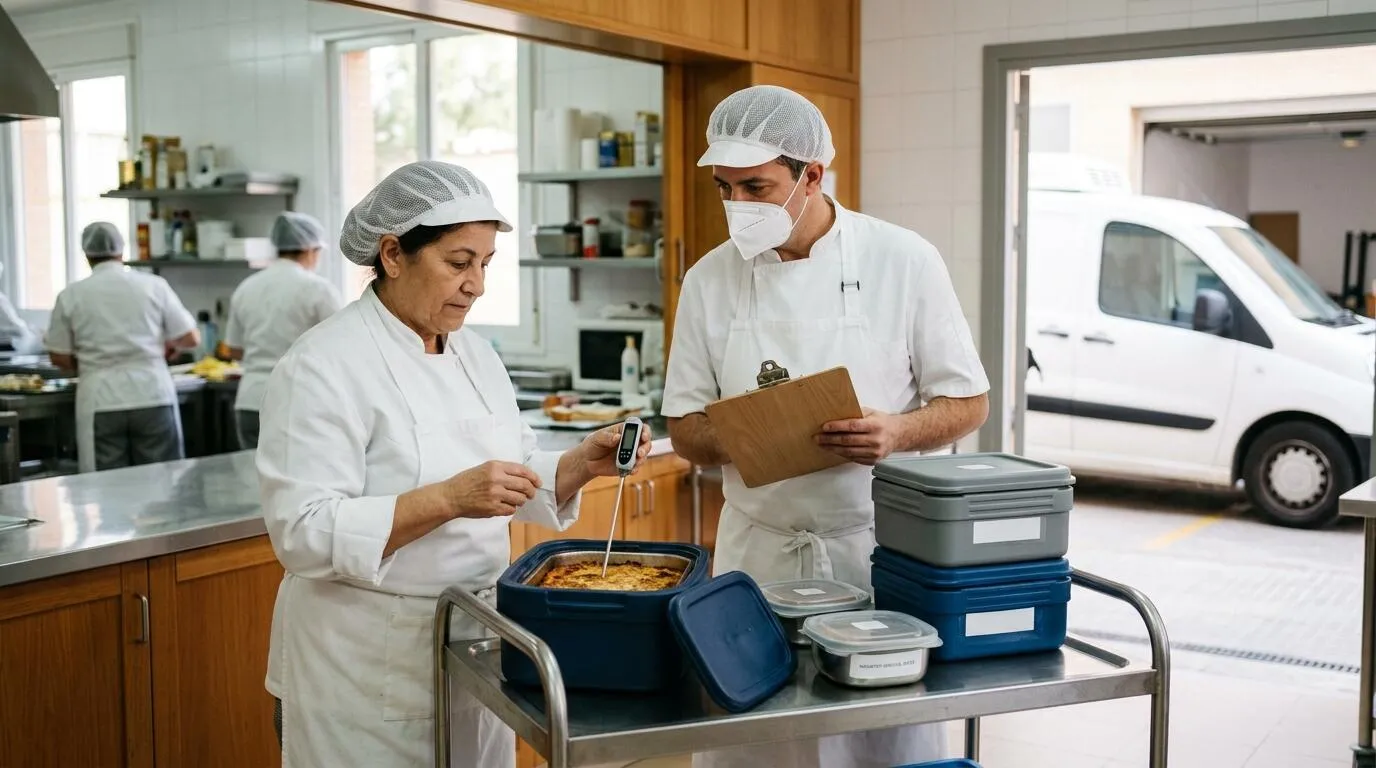 Two professionals probing a food tray while receiving containers at the service site