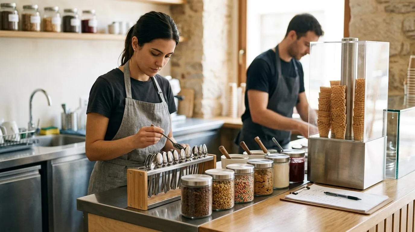 Two staff checking clean scoops, topping containers and protected cones before service