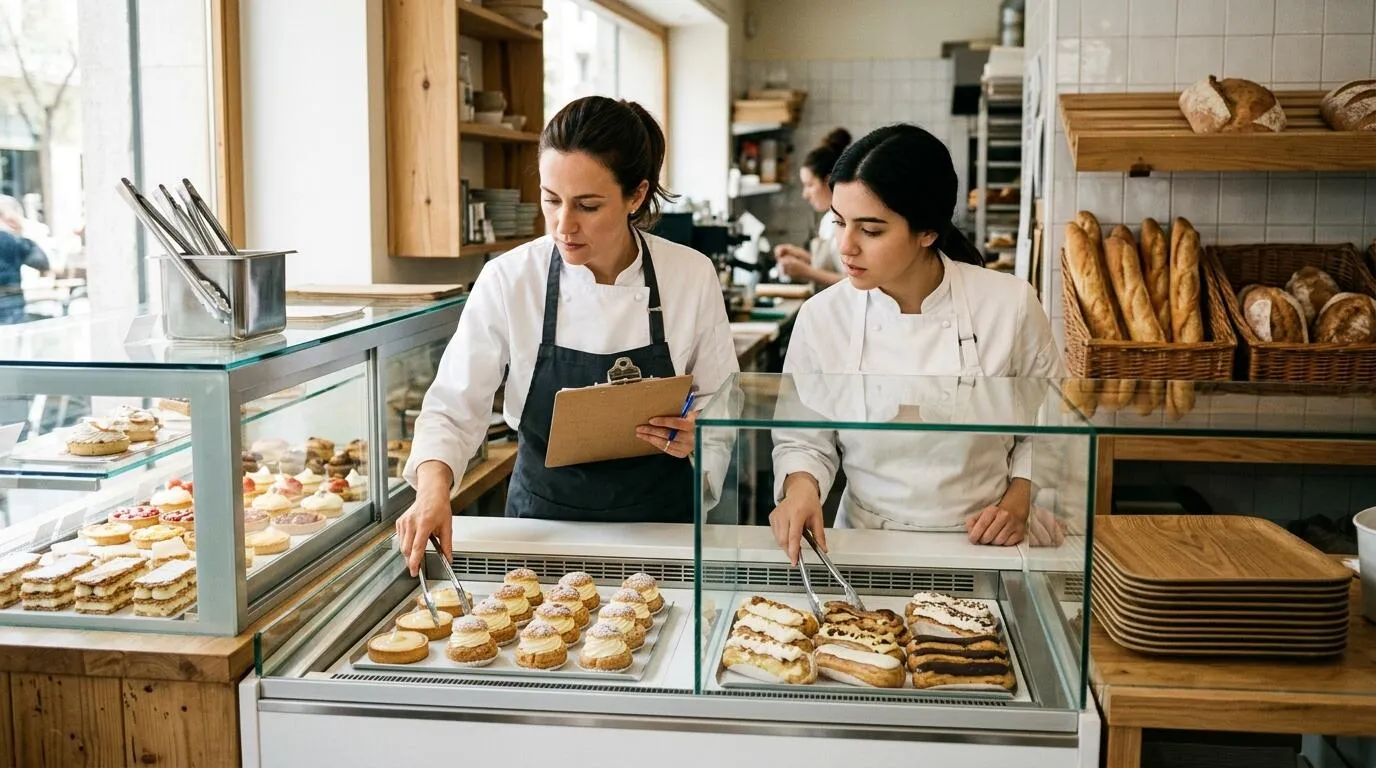 Two staff reviewing separate pastry trays in a protected chilled display during handover