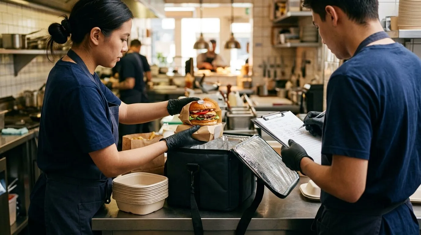 Two staff coordinating a finished burger and food-safe packaging at the delivery handover