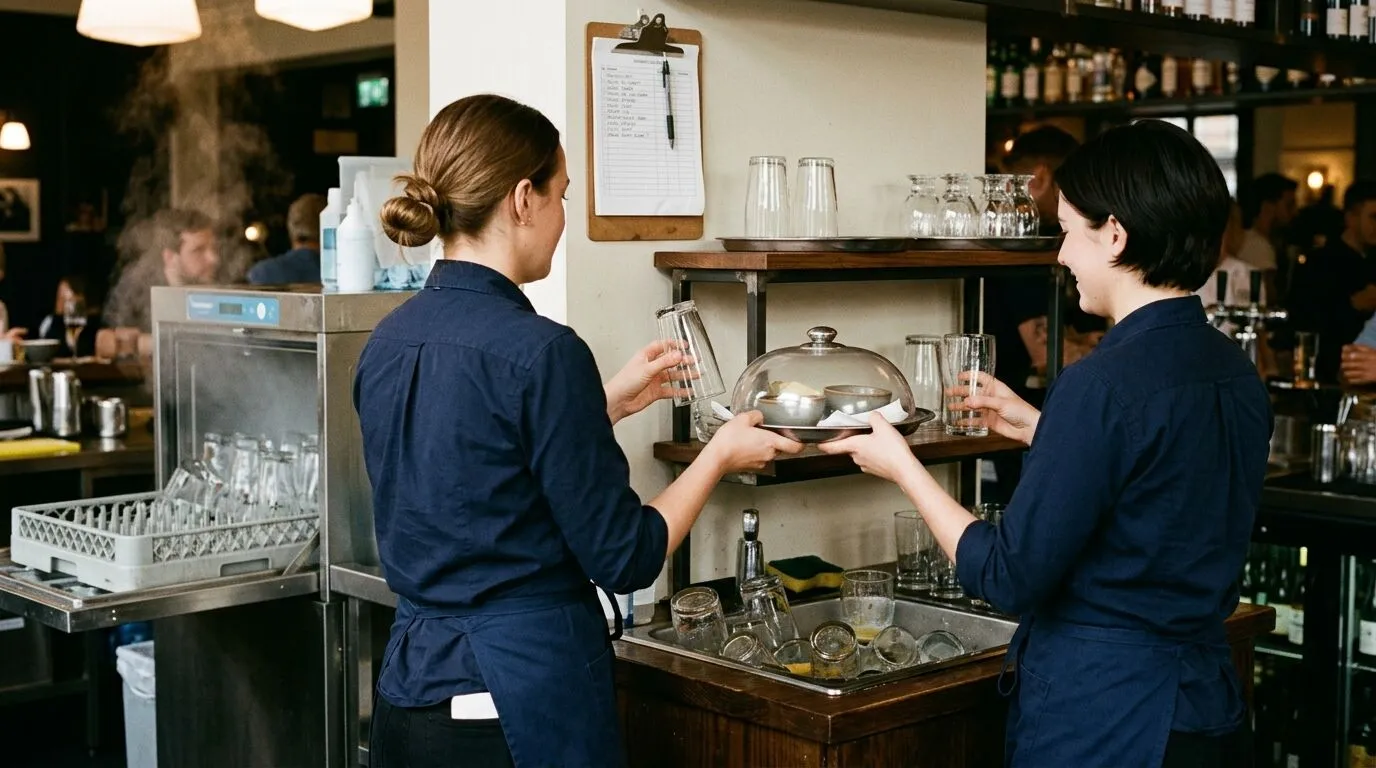 Two bar staff checking clean glasses and identified snack trays during a shift handover