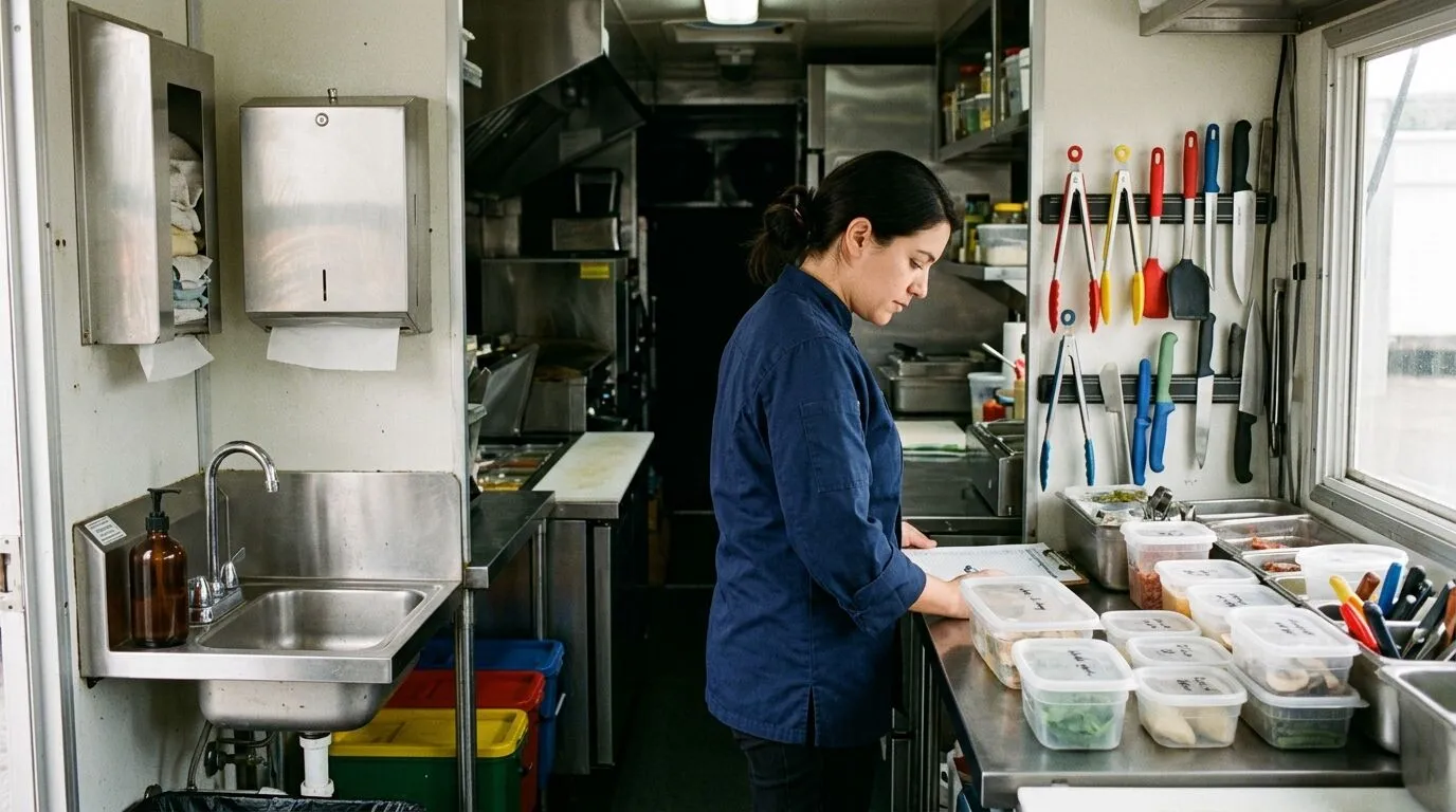 Steel handwash sink with soap and paper, colour-coded utensils and covered containers as a cook checks the food truck interior