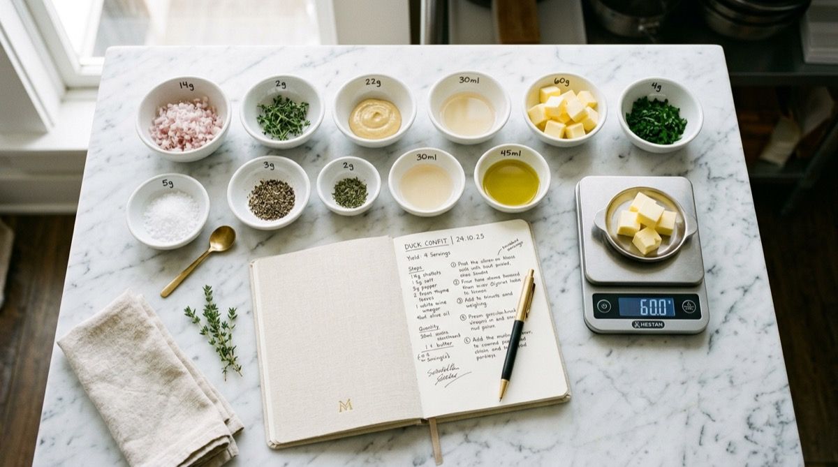 Chef's hands plating a dish in a professional kitchen
