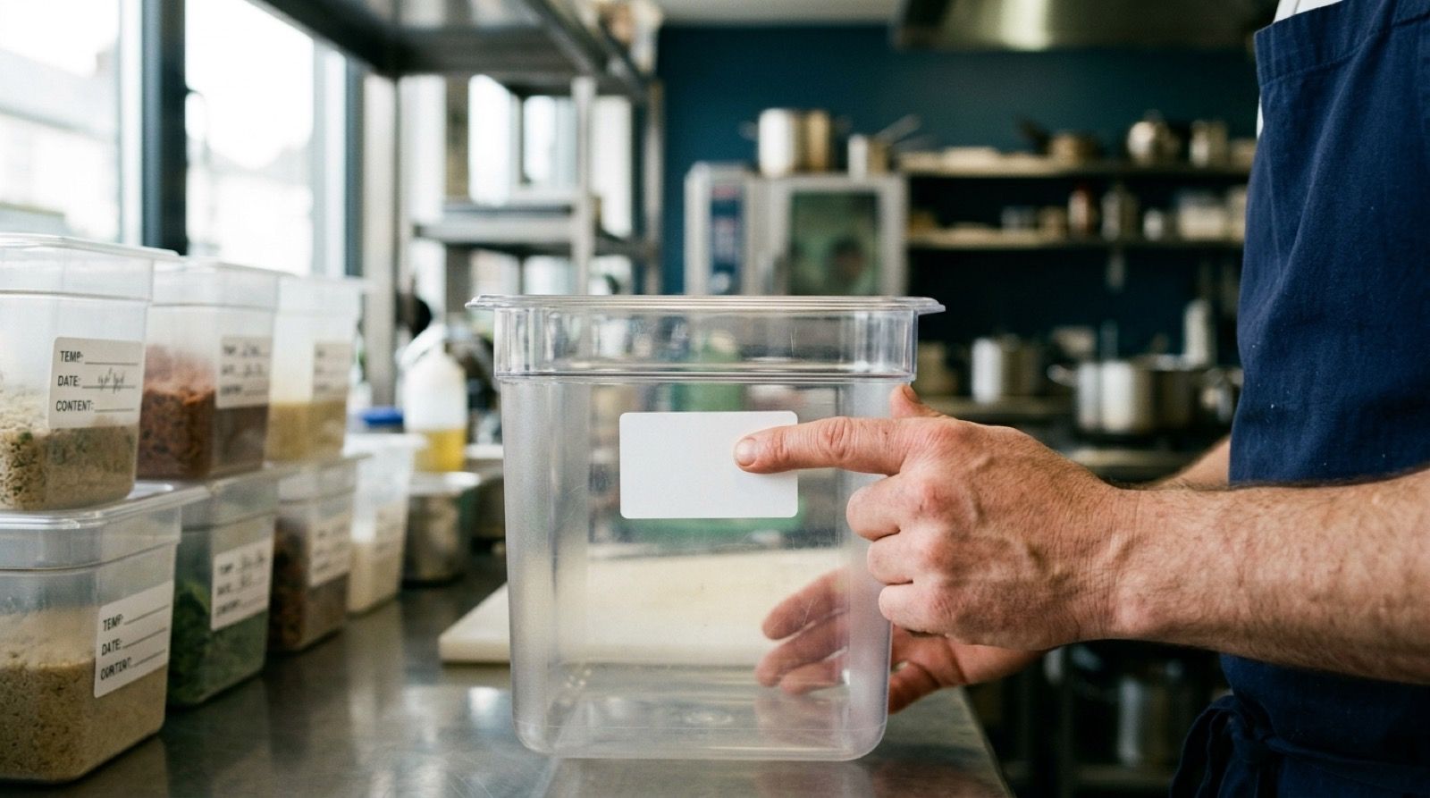 Cocinero colocando una etiqueta limpia en un envase de cocina con otros envases etiquetados al fondo