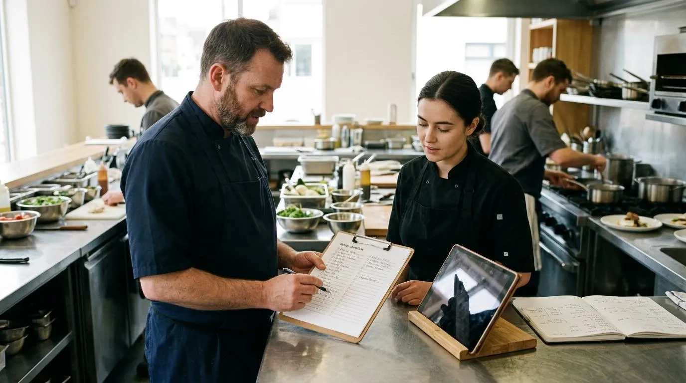 Cocina profesional con una tablet mostrando el registro APPCC digital de Miselup sobre una encimera de acero inoxidable