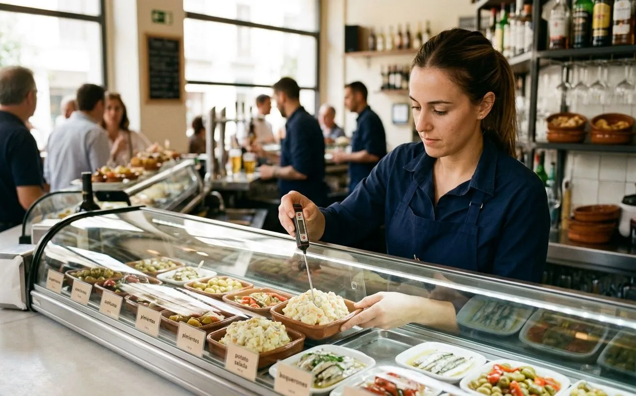 Server probing a snack in a protected chilled display with a separate drinks counter behind