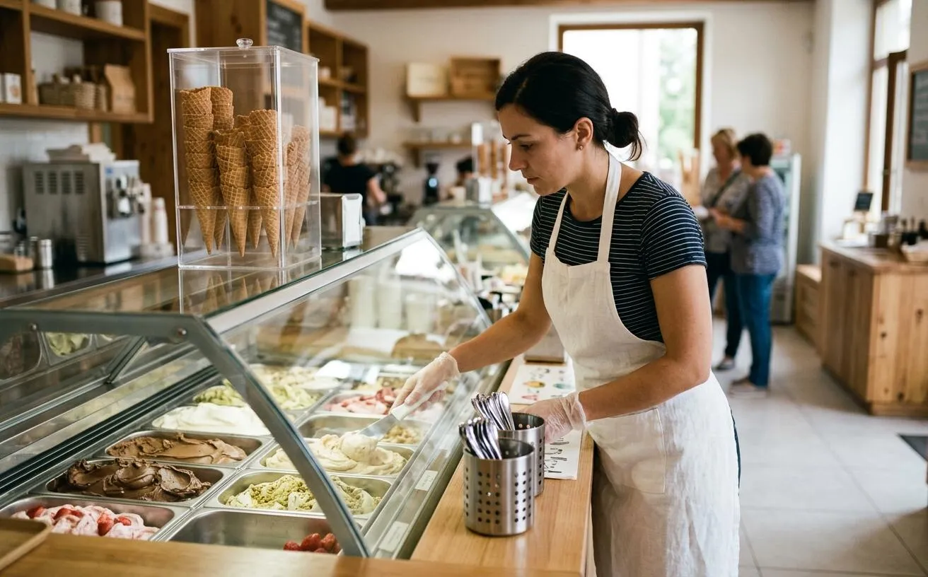 Professional reviewing separate ice cream tubs in a protected display with clean utensils