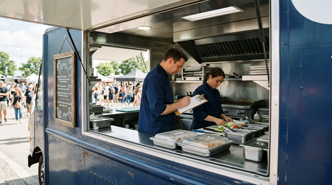 Navy blue food truck outdoors, with a cook reviewing a clipboard and another preparing food beside covered containers