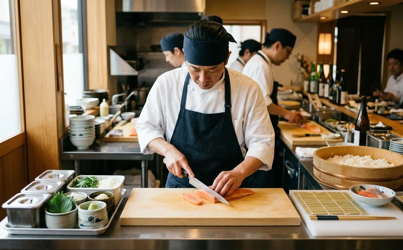 Cook cutting an identified fish portion at a clean sushi station with separate garnishes
