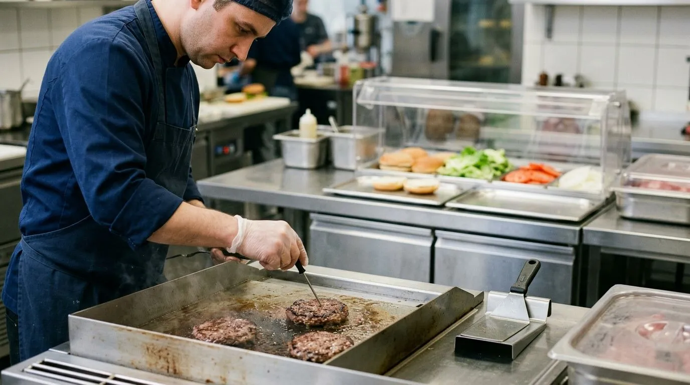 Cook checking a burger's centre with a probe at the griddle, with clean assembly tools separate