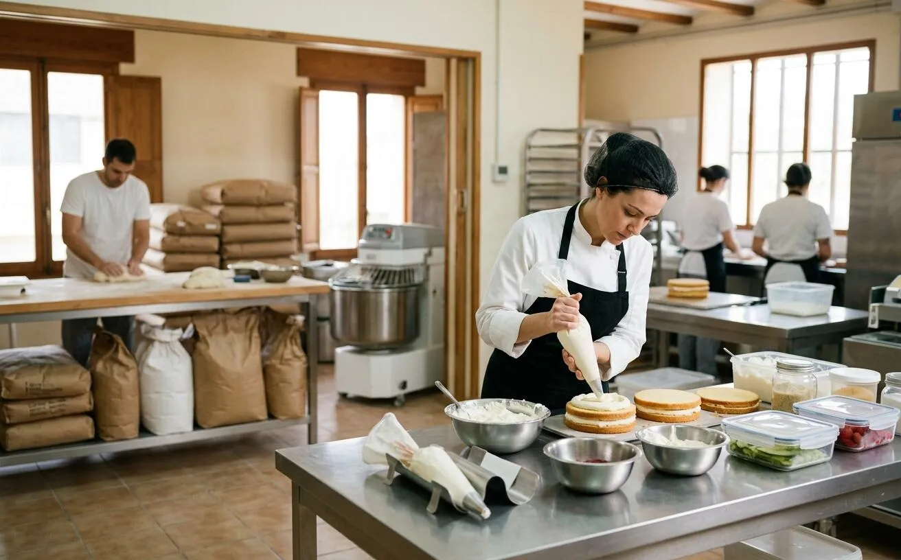 Pastry chef assembling cream-filled cakes at a clean bench separate from dough preparation