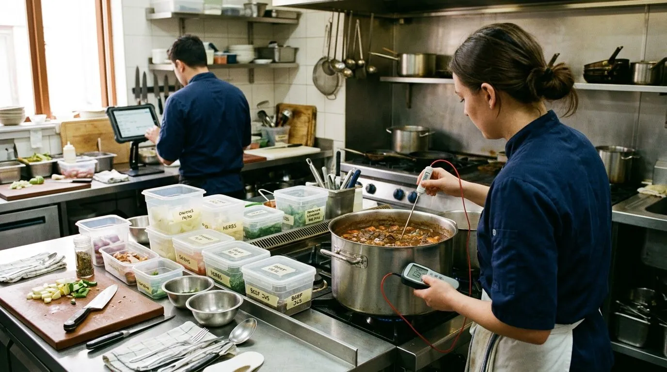 Cook probing the centre of a stew pot, with labelled food containers and a colleague using a tablet behind her