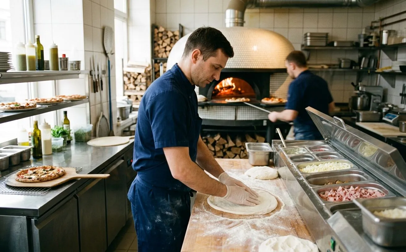 Pizza maker preparing a pizza beside separate refrigerated topping containers and an oven