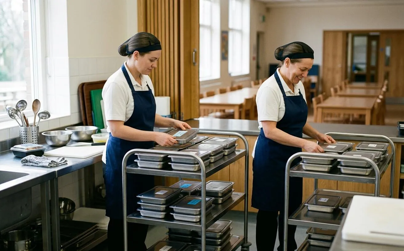 Kitchen staff reviewing separate main-menu and special-diet trays before school meal service