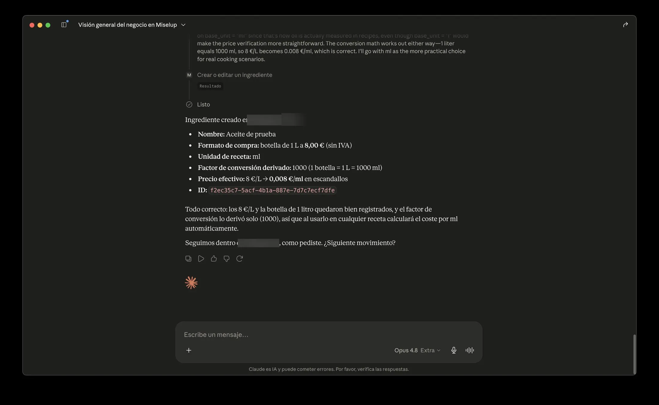 Confirmación de ingrediente creado vía MCP con formato de compra y factor de conversión derivado