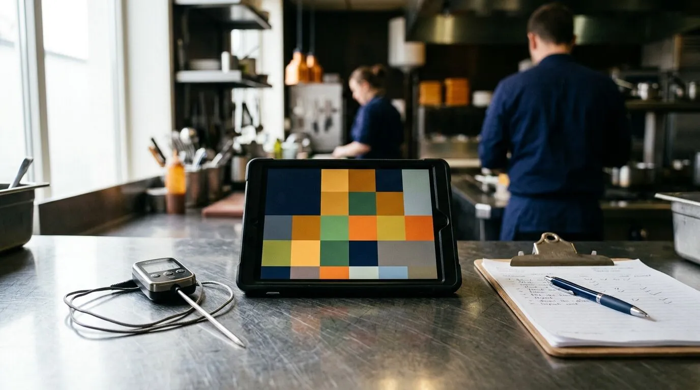 Tablet showing a colour grid, probe thermometer and paper log on a steel worktop in a professional kitchen