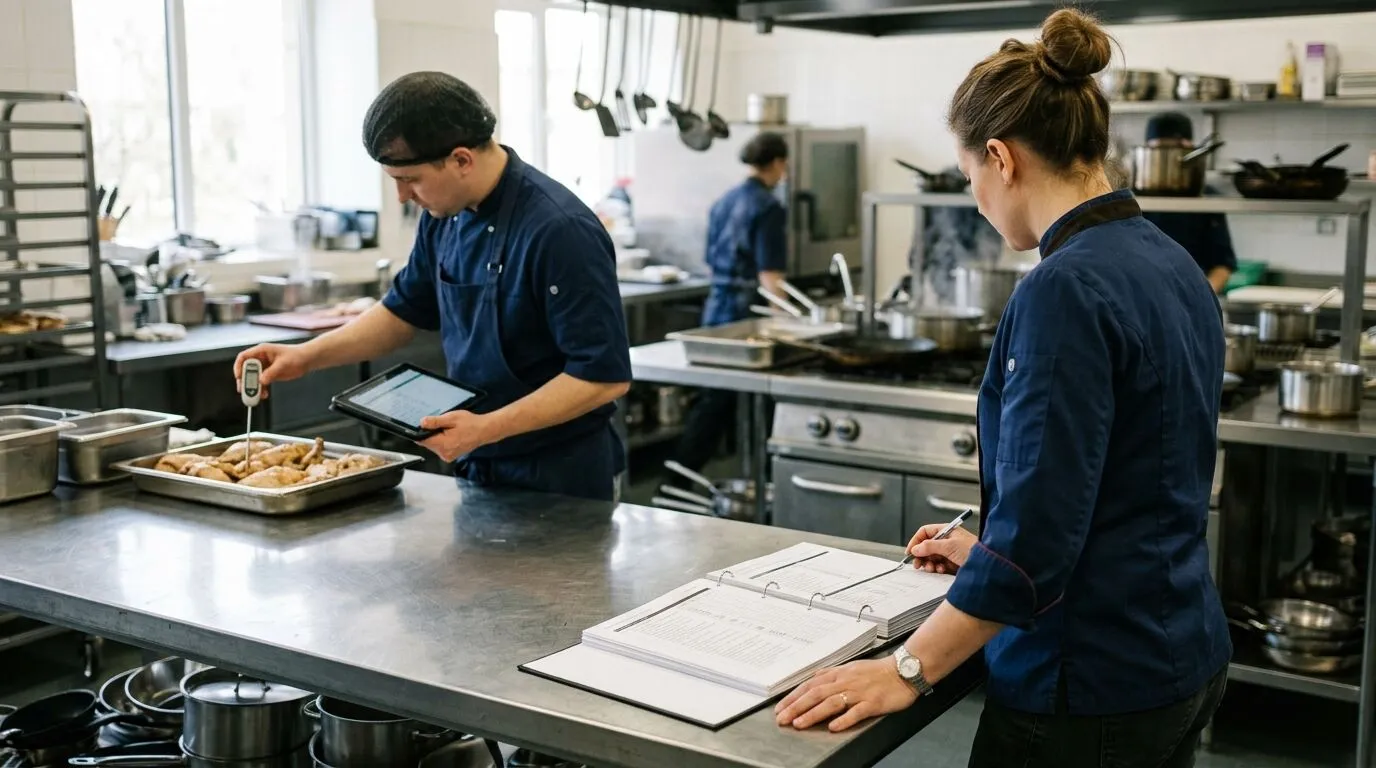 Quality manager reviewing the printed HACCP manual while a cook probes a tray and logs it on a tablet