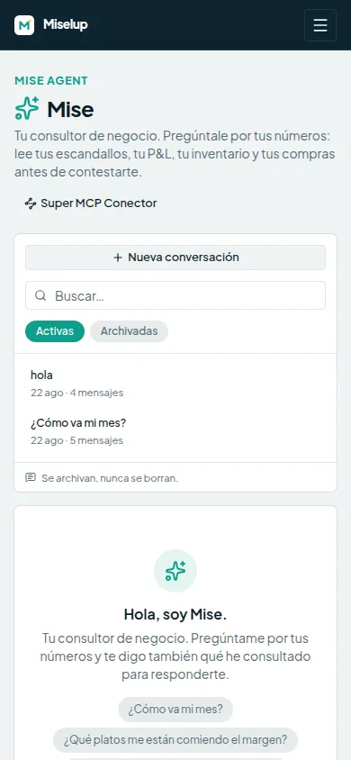 Mise Agent en el móvil mostrando la tabla del resumen del mes con ventas, gastos y resultado