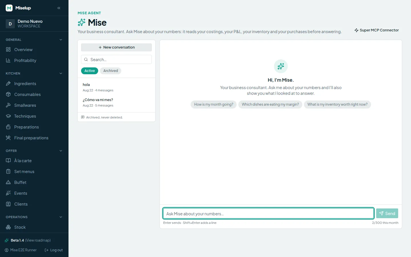Pantalla de Mise Agent en inglés con el saludo «Hi, I'm Mise» y sus preguntas sugeridas