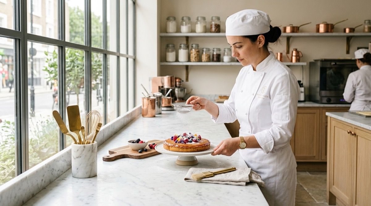 Cook photographing their recipe notebook with a phone in the bakery