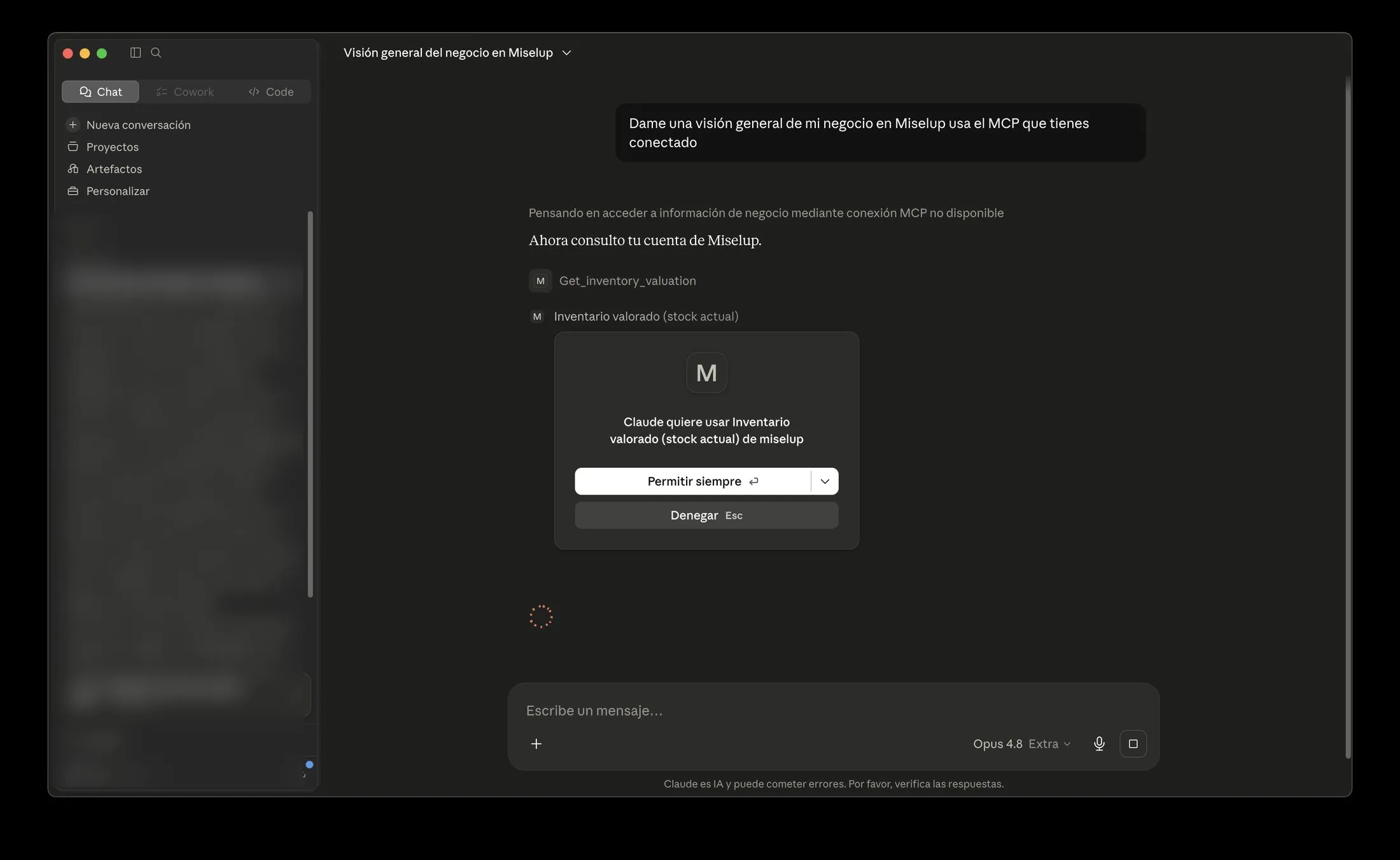 Claude Desktop pidiendo permiso para usar la herramienta de inventario valorado de Miselup