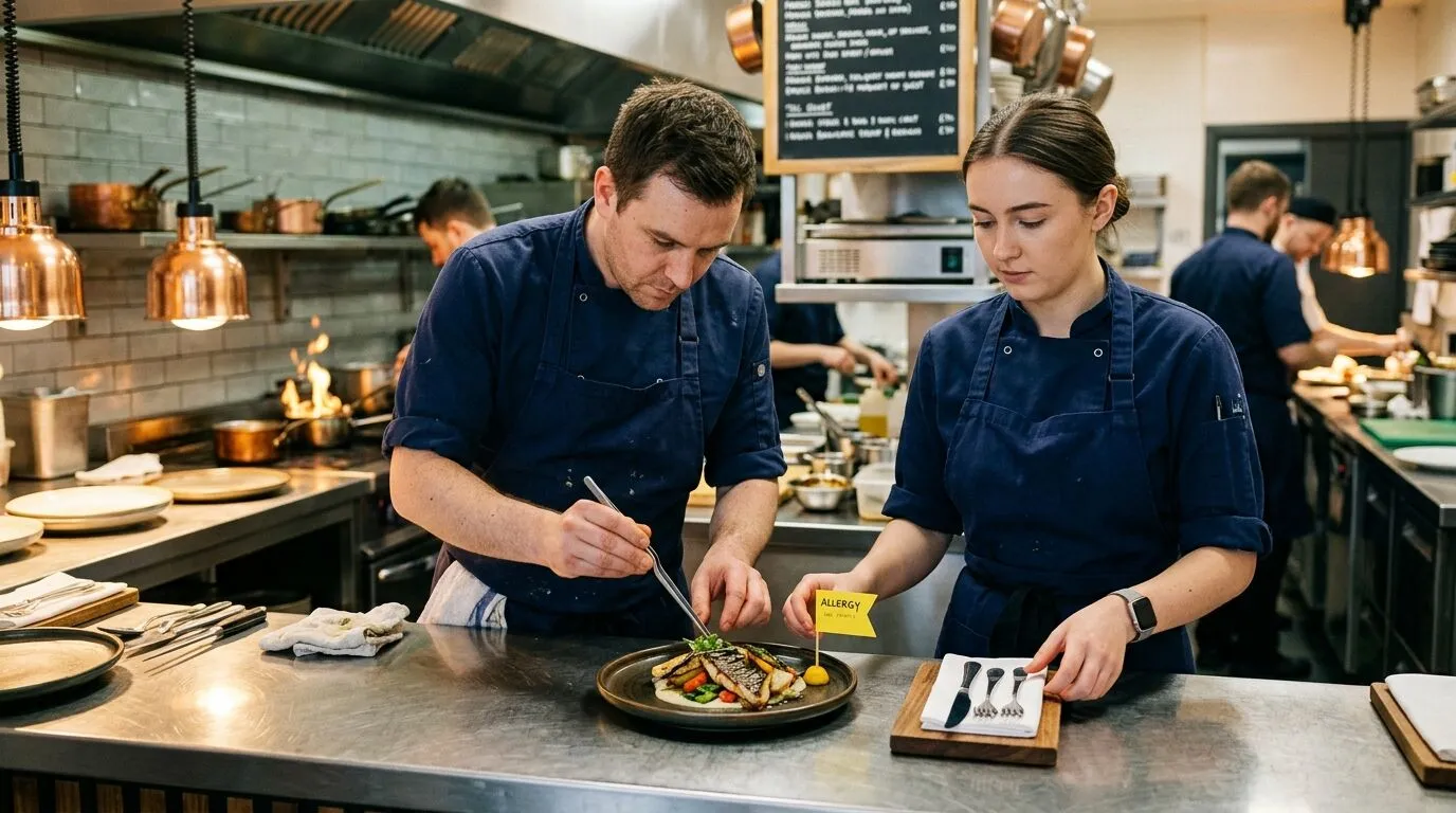 Two cooks preparing a separate plate at the pass with a yellow flag and its own cutlery on a board