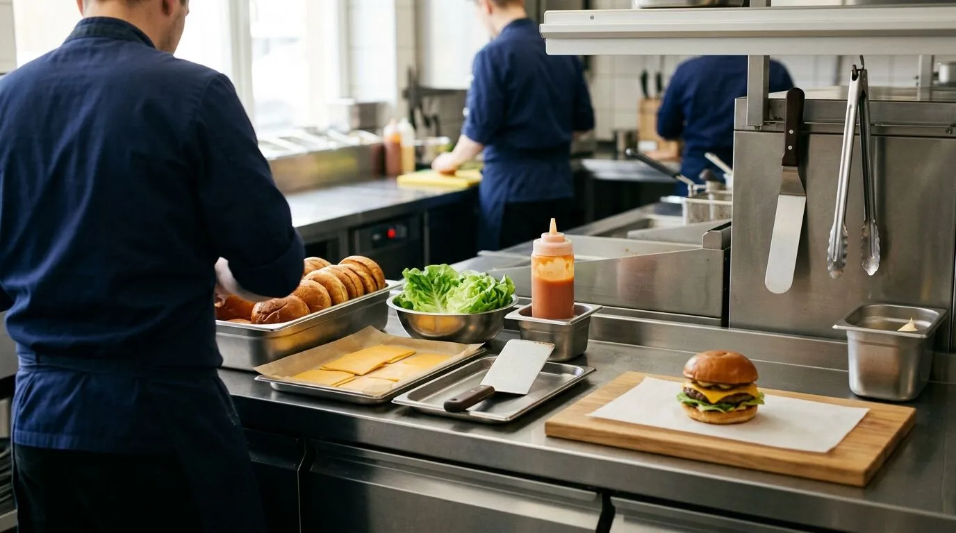 Burger ingredients in separate containers and identified commercial sauce at a clean assembly bench