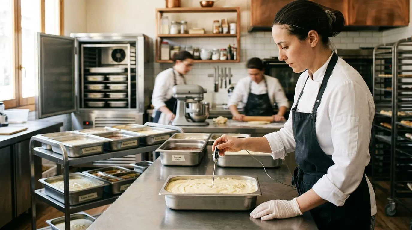 Professional probing the centre of pastry cream in a shallow container beside cooling equipment