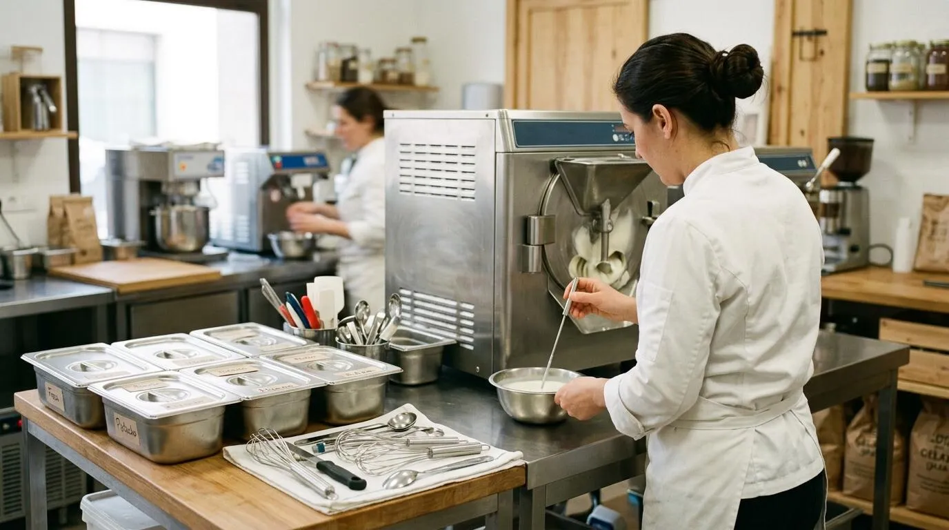 Professional checking dairy mix with a clean probe beside closed production equipment