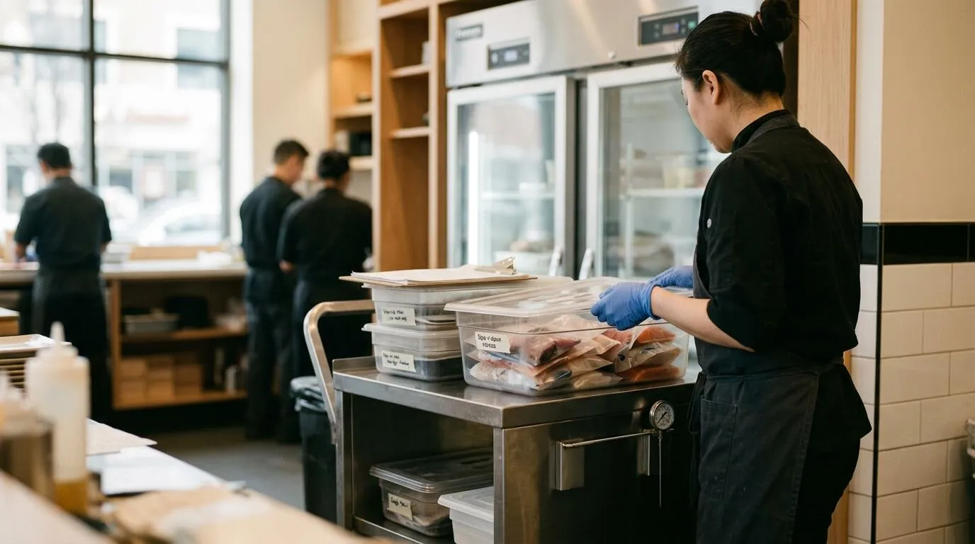 Professional reviewing identified fish-portion containers beside a freezer