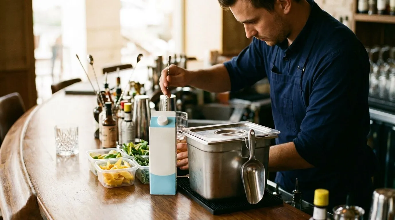 Bartender preparing a cocktail beside packaged pasteurised egg product and a clean ice scoop
