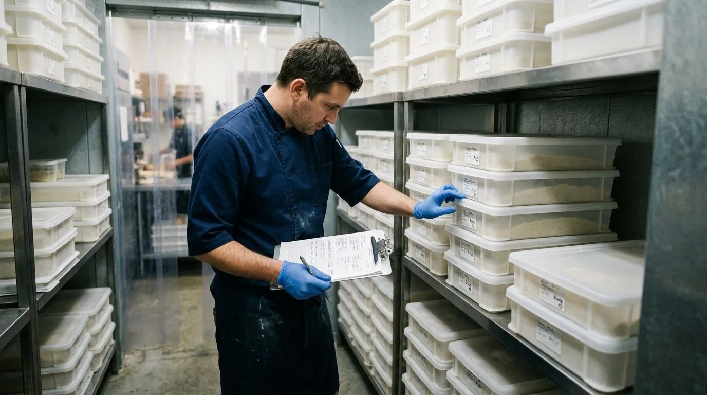 Professional checking covered, identified dough-ball boxes in refrigerated storage