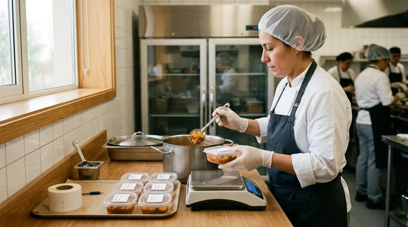 Professional preparing closed identified retention-sample containers beside the served dish