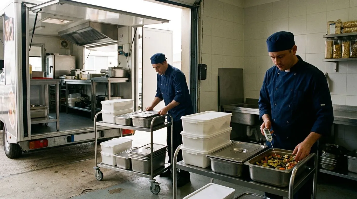 Cook probing a tray before loading an open food truck, beside carts carrying closed containers