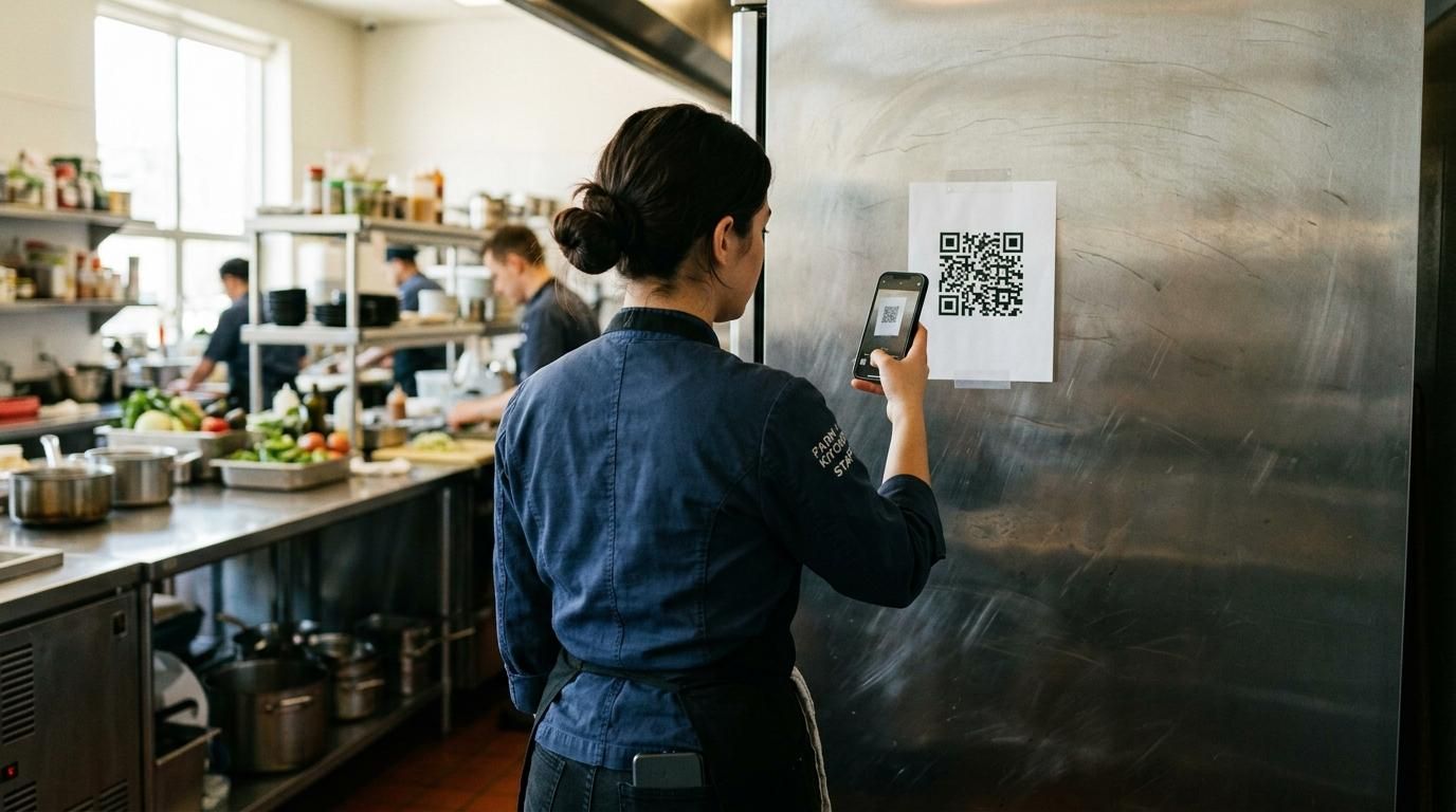 Trabajadora de cocina de espaldas escaneando con el móvil un código QR pegado en una pared de acero inoxidable