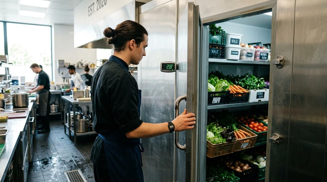 Cocinera comprobando el termómetro digital de una cámara frigorífica abierta con cajas de verdura fresca